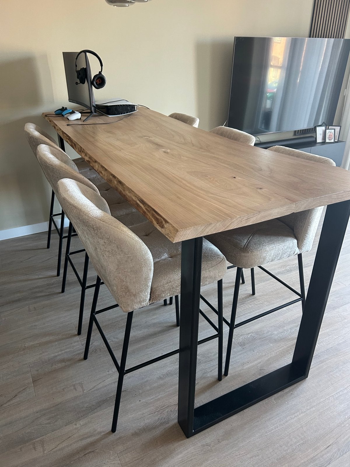 Prachtige massief houten bartafel / eettafel – Uniek design, Huis en Inrichting, Ophalen, 200 cm of meer, 50 tot 100 cm, Zo goed als nieuw