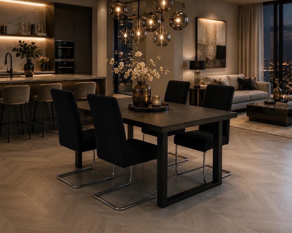Eetkamerstoelen 4x Modern/ Urban Chic €80,- totaal, Huis en Inrichting, Stoelen, Gebruikt, Vier, Metaal, Stof, Zwart, Ophalen