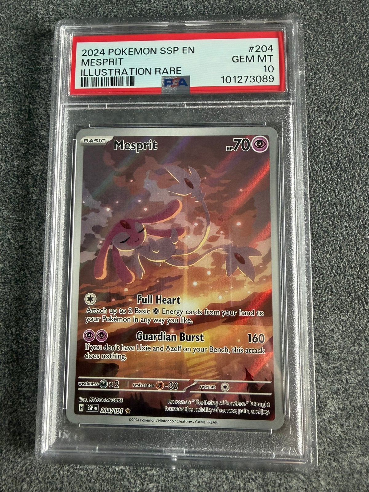 Mesprit 204/191 Pokémon Surging Sparks Graded PSA 10, Ophalen of Verzenden, Zo goed als nieuw