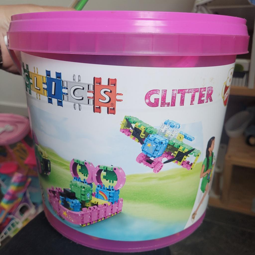 Clics Glitter Bouwblokken Emmer - Creatief Speelgoed, Ophalen of Verzenden, Gebruikt, Overige merken