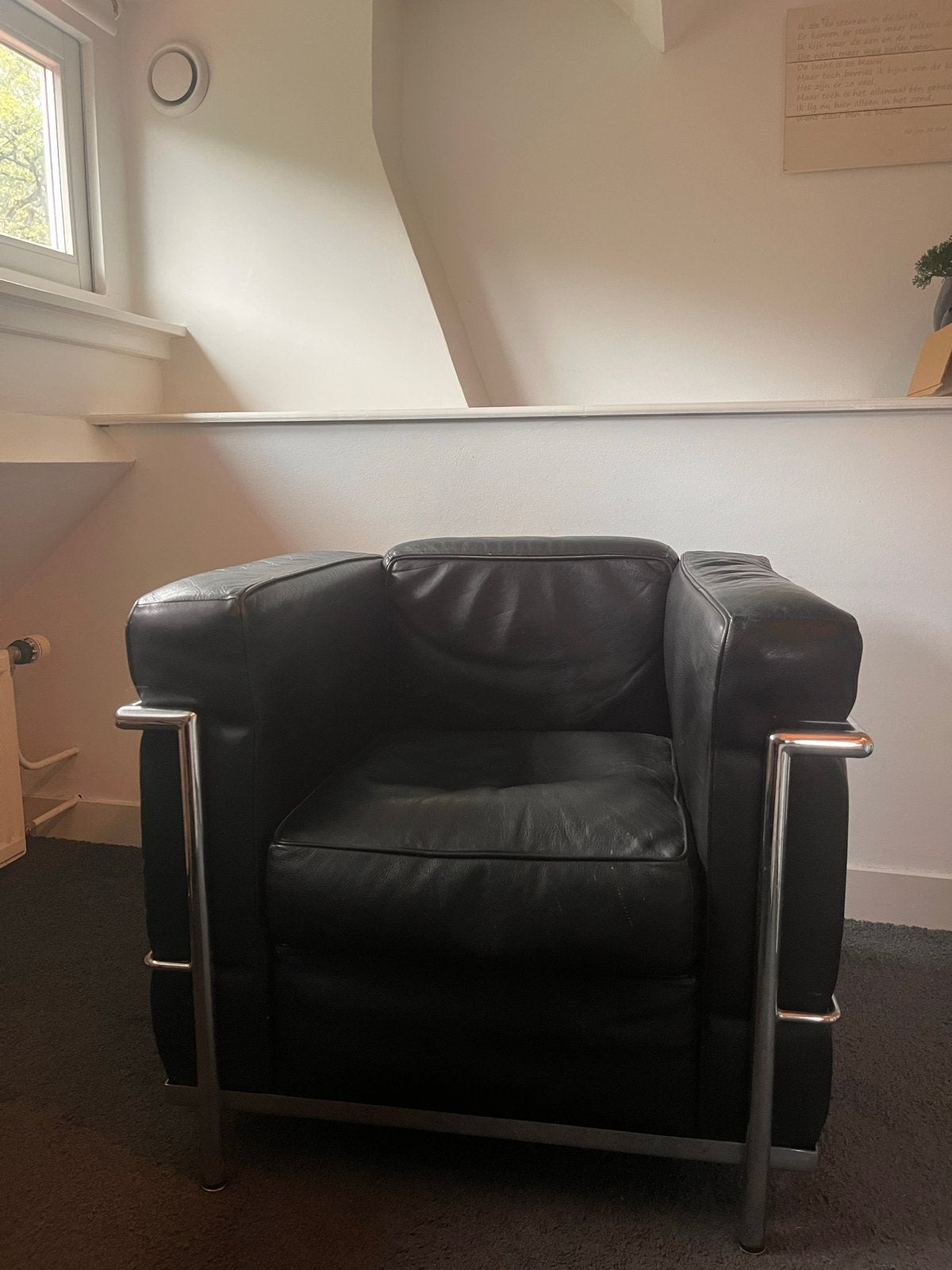 Zwart leren replica LC2 fauteuil van Le Corbusier, Ophalen, Gebruikt, Zwart, Leer