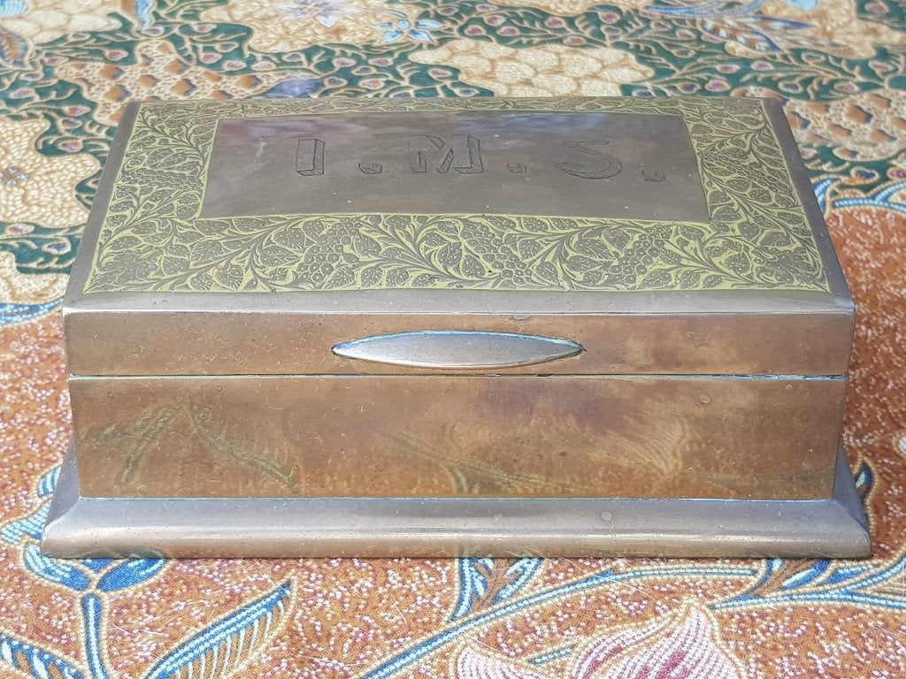 Mooie antieke sigarendoos uit Engeland van koper en hout., Ophalen of Verzenden
