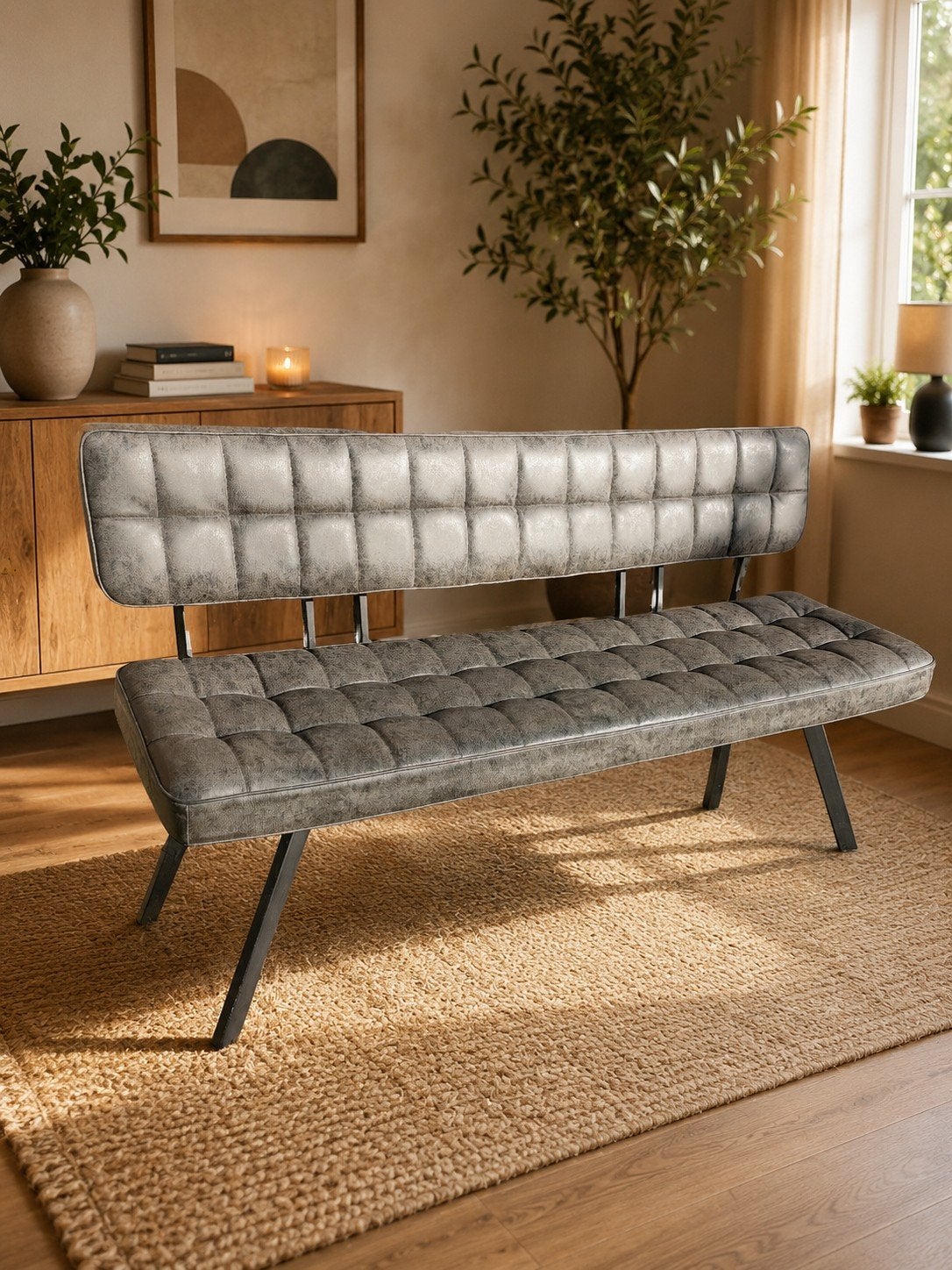Moderne eetkamerbank met rugleuning - Grijs, Ophalen, 125 cm of meer, Modern, Industrieel, Overige materialen