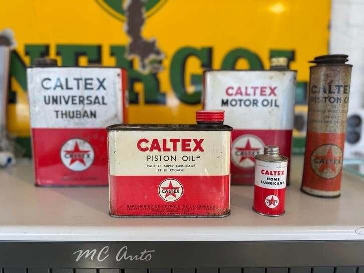 Vintage Caltex Olieblikken - Decoratie Set, Ophalen of Verzenden, Gebruikt, Auto's