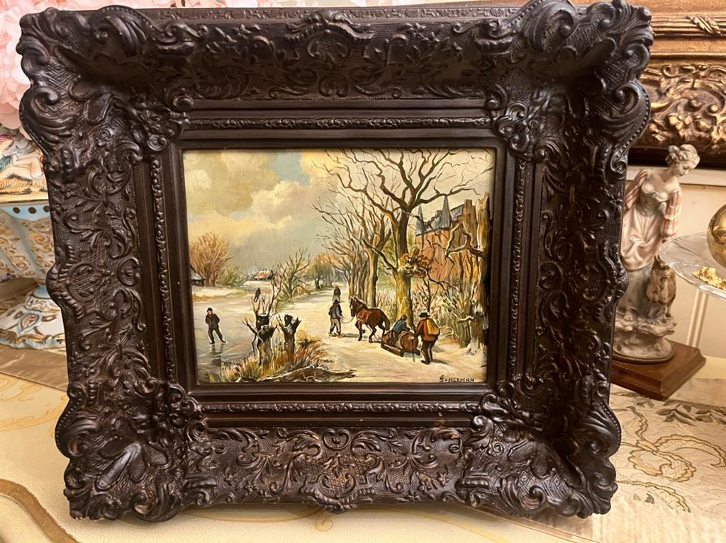 Antiek olieverf winterlandschap schilderij, Ophalen of Verzenden