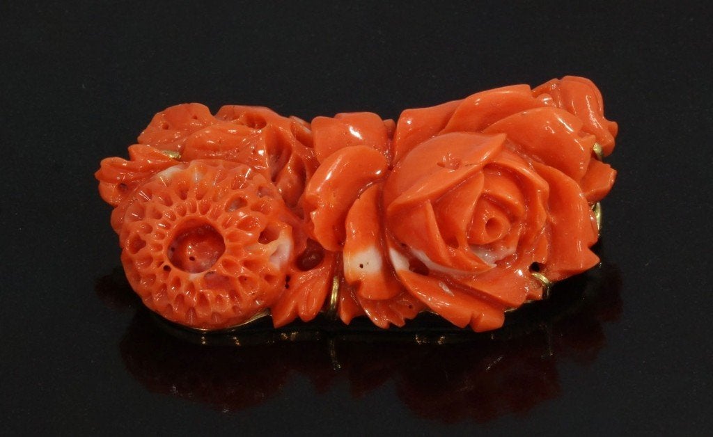 Bloem koraal antieke 14k gouden vintage broche fraai dames, Ophalen of Verzenden, Goud, Broche, Met edelsteen