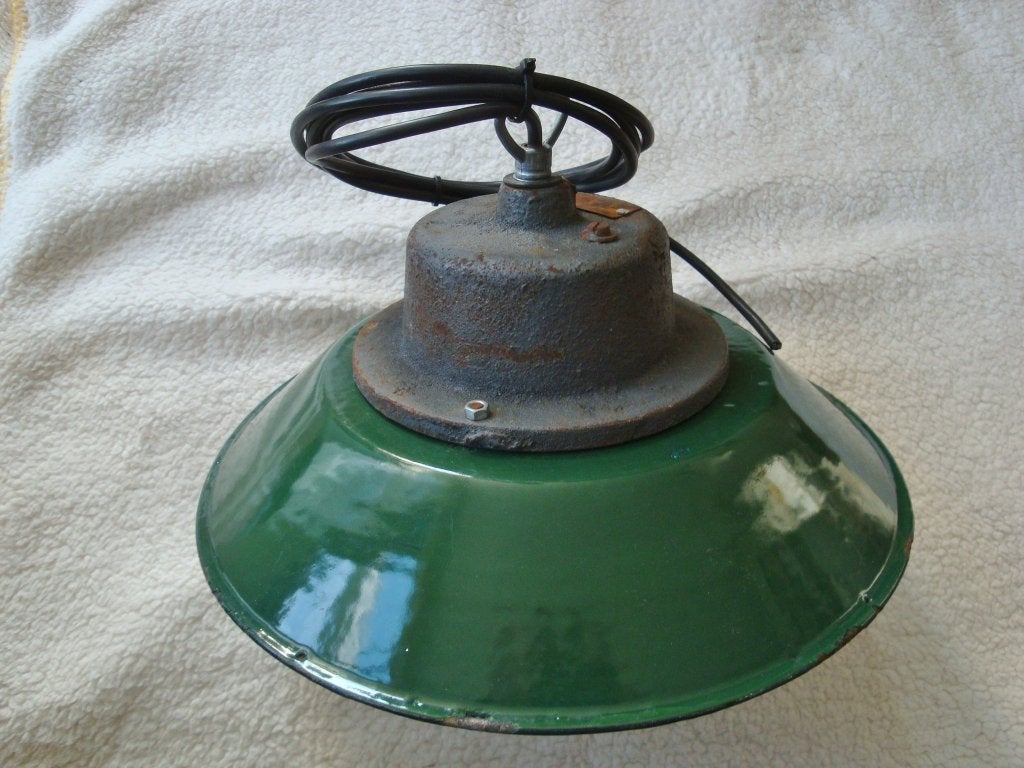 Vintage fabriekslamp groen emaille glazen stolp 30cm diam., Ophalen of Verzenden