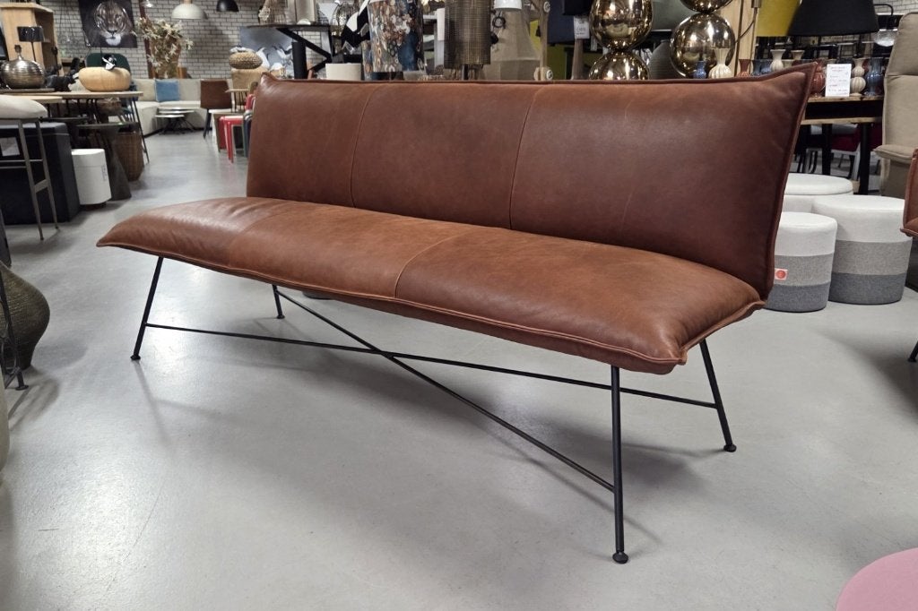 Luxe eetkamerbank VIDAR Jess design leer bruin cognac 195 cm, Ophalen, Bruin, Zo goed als nieuw, Vier