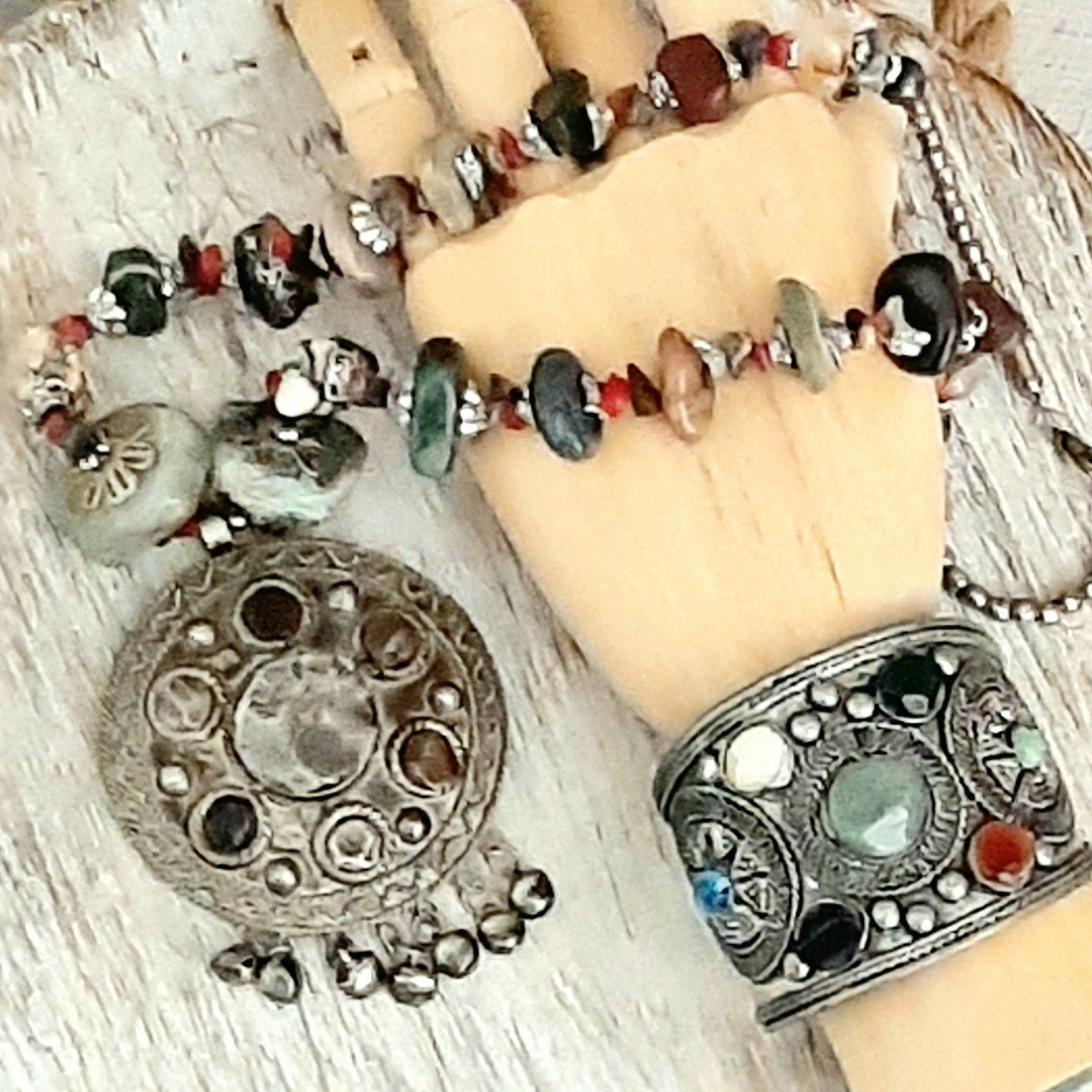Unieke Vintage Ketting & Armband Set met Ruwe Edelstenen, Sieraden, Tassen en Uiterlijk, Kettingen, Overige kleuren, Verzenden