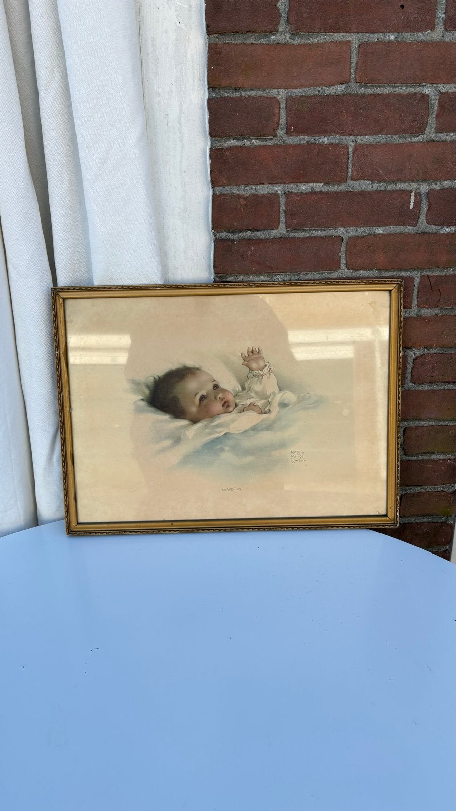Vintage Bessie Pease Gutmann 'Awakening' baby print, Ophalen, Gebruikt, Oorspronkelijke maker, Print