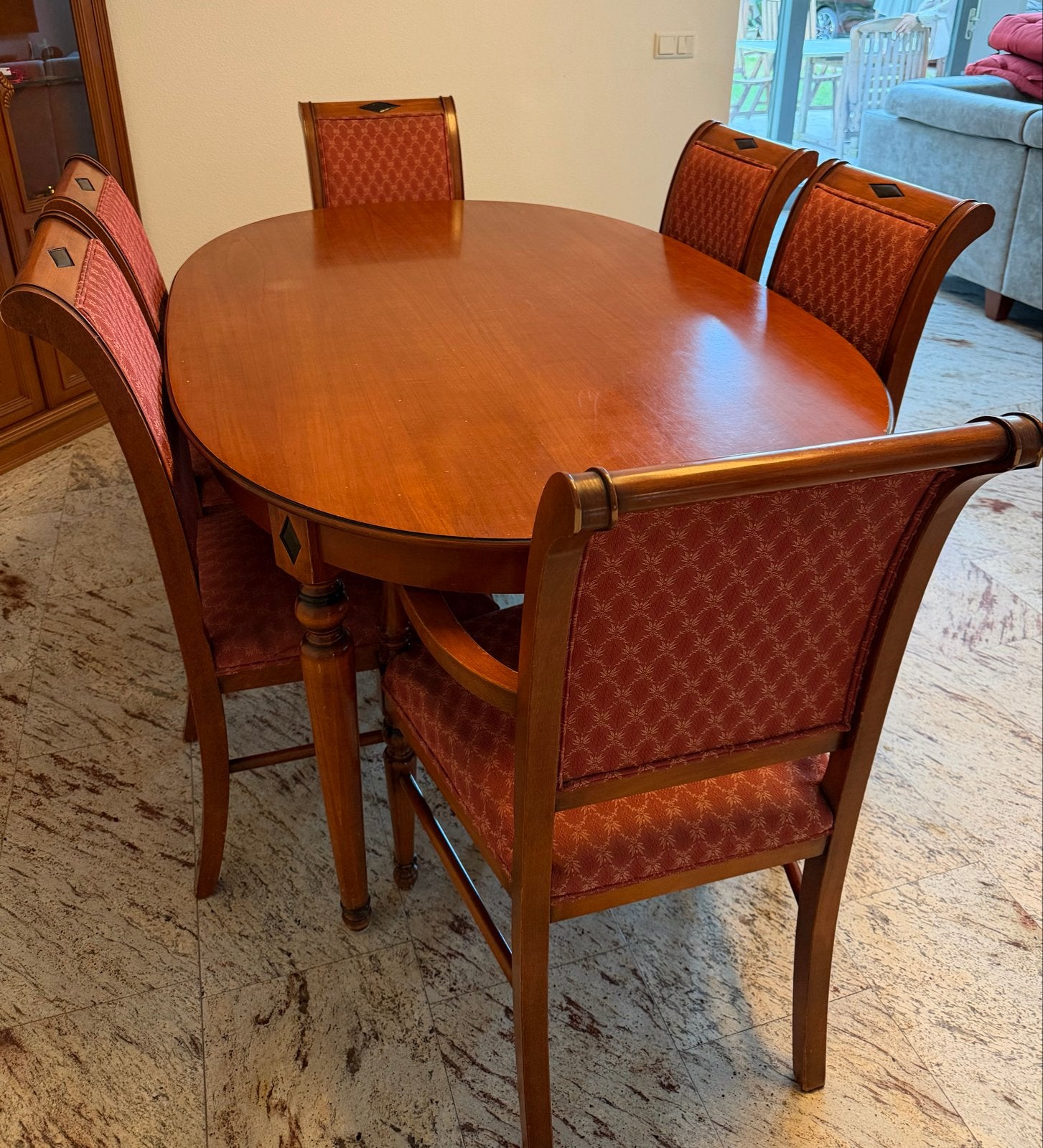 Antieke kersenhouten eettafel met 6 stoelen, Huis en Inrichting, Tafels | Eettafels, Ophalen, Gebruikt, 100 tot 150 cm, Klassiek