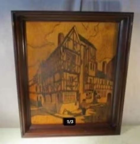 Prachtig Kunstwerk in hout 'Vakwerkhuisjes' - Michelli, Antiek en Kunst, Kunst | Beelden en Houtsnijwerken, Ophalen of Verzenden