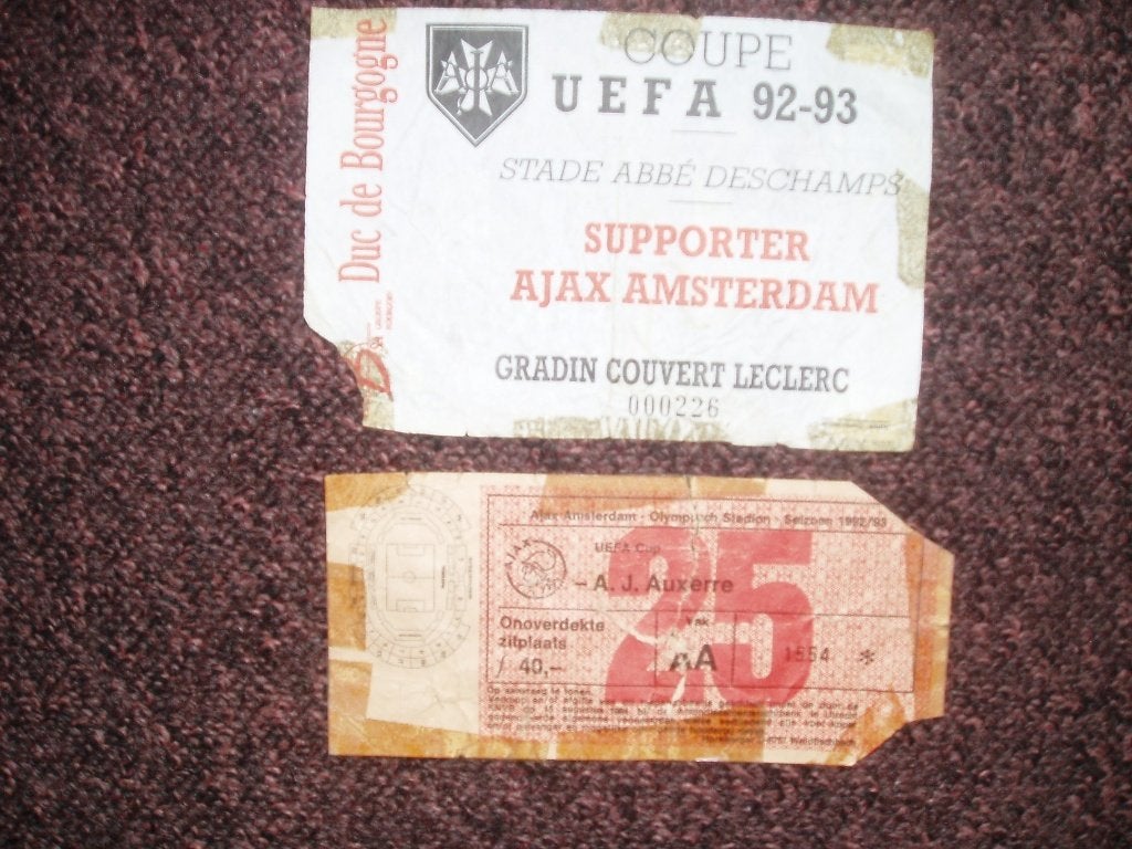 Ajax-Auxerre Tickets (Uit/Thuis) UEFA cup 1/4 Finale 1992/93, Ophalen of Verzenden, Gebruikt, Ajax, Overige typen