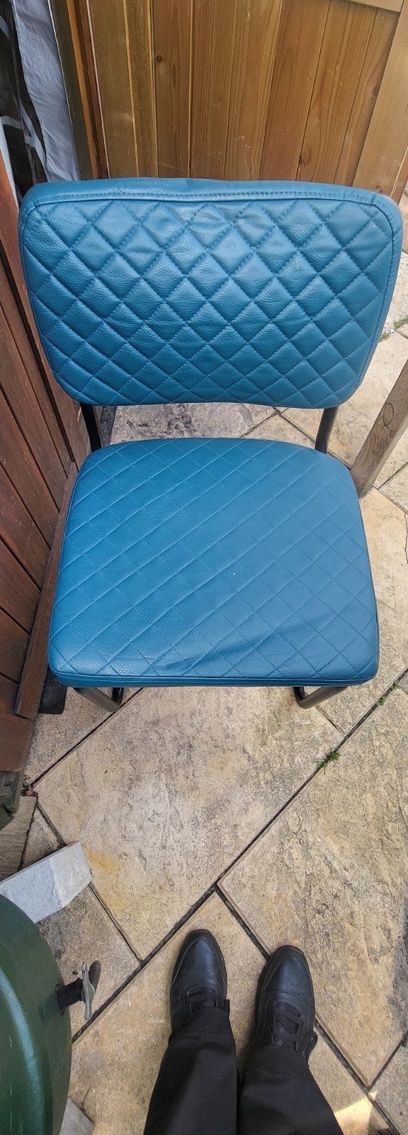 4 Design stoelen - blauw/groen (petrol) met metalen frame, Ophalen, Gebruikt, Overige kleuren, Modern, Industrieel