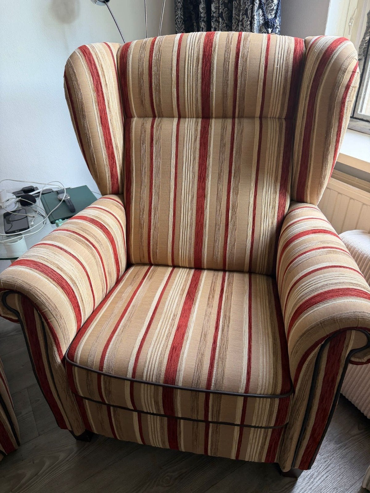 Comfortabele gestreepte fauteuil en bank, Ophalen, Gebruikt, Stof, Klassiek, Gestreepte stof