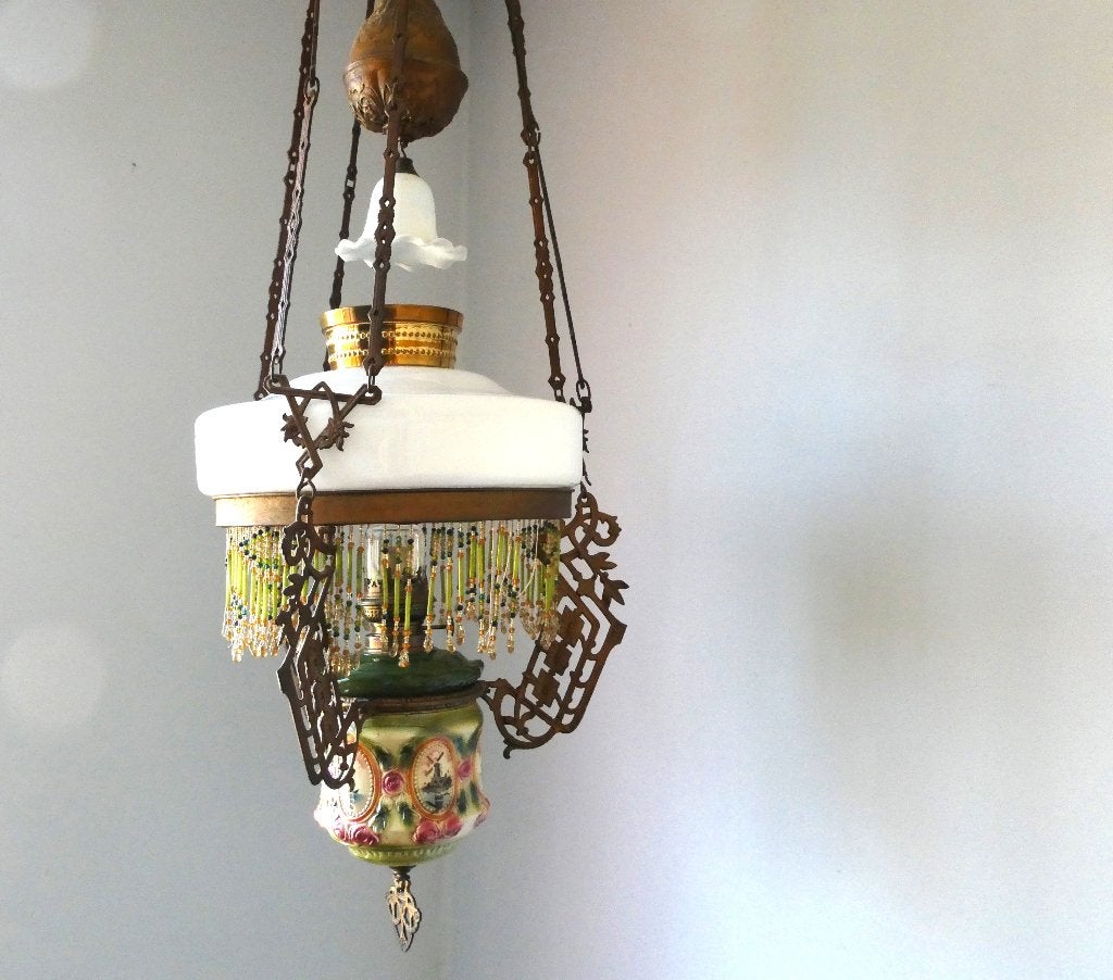 Art Nouveau Jugendstil hef en daal petroleumlamp molen lamp, Ophalen