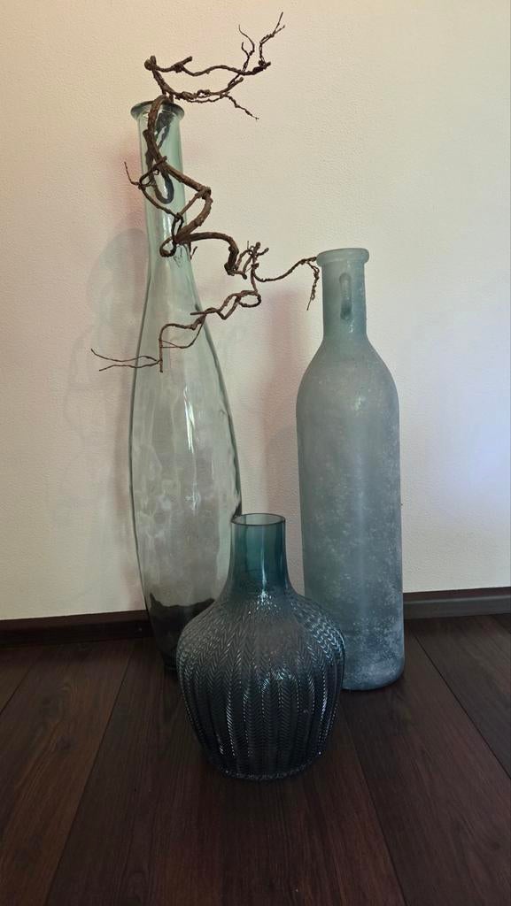 3 grote, groenblauwe vazen, Huis en Inrichting, Woonaccessoires | Vazen, Ophalen, Overige kleuren, 75 cm of meer, Glas