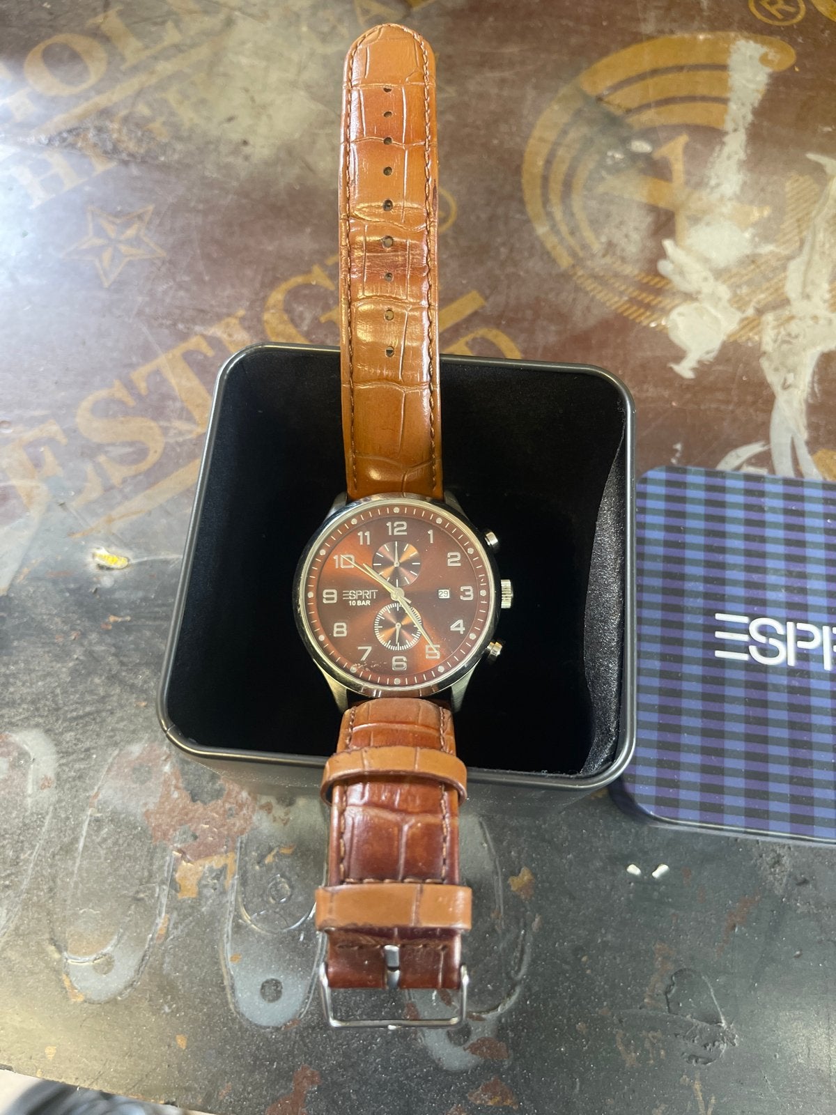 Esprit Herenhorloge met Bruine Leren Band, Overige merken, Staal, Polshorloge, Ophalen of Verzenden