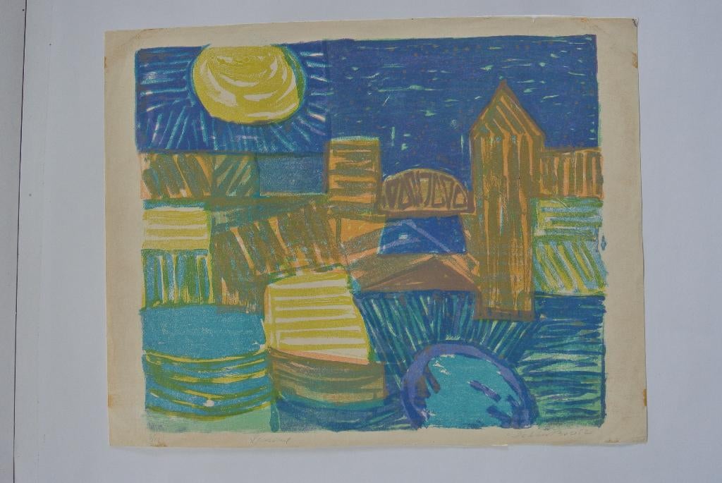 Daniel den dikkenboer litho 1 stadsgezicht/spoorbrug, Ophalen of Verzenden