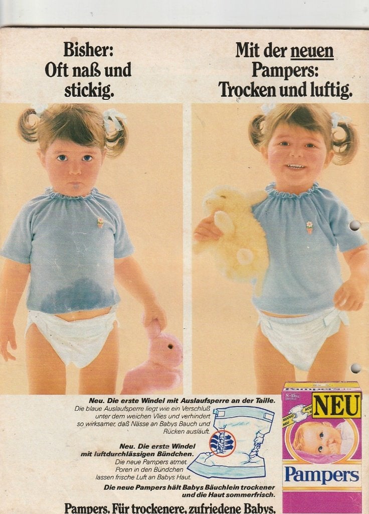Retro reclame 1985 Pampers baby luiers elastische randjes, Verzenden, Overige typen