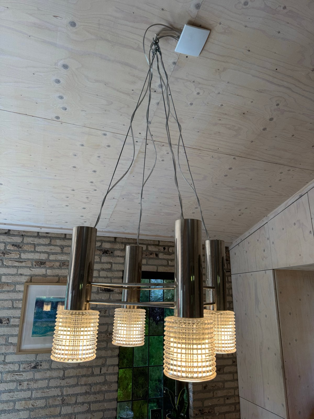 Vintage Hanglamp met 4 Lichtpunten - 58 cm Doorsnede, Huis en Inrichting, Ophalen, Gebruikt, Metaal, E27 (groot)