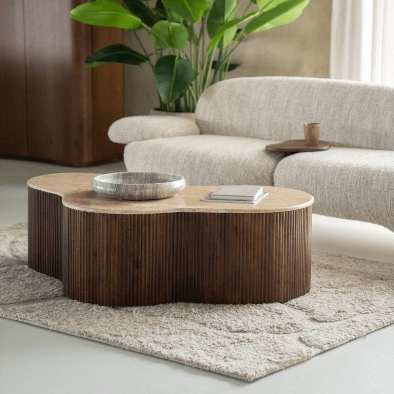 Eleonora salontafel Mari, travertin & mangohout, 129 cm, 100 tot 150 cm, Nieuw, Overige houtsoorten, Overige vormen