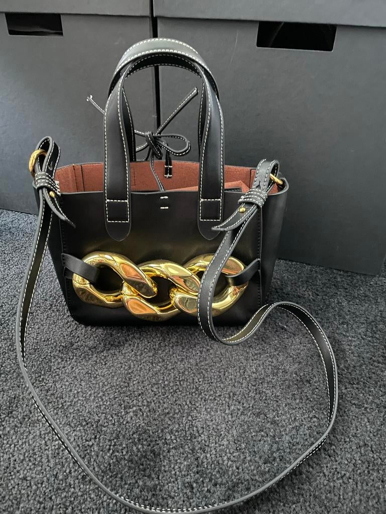 Zwarte leren tas met goud gewoon als NIEUW, Ophalen of Verzenden, Zo goed als nieuw, Zwart, Overige typen
