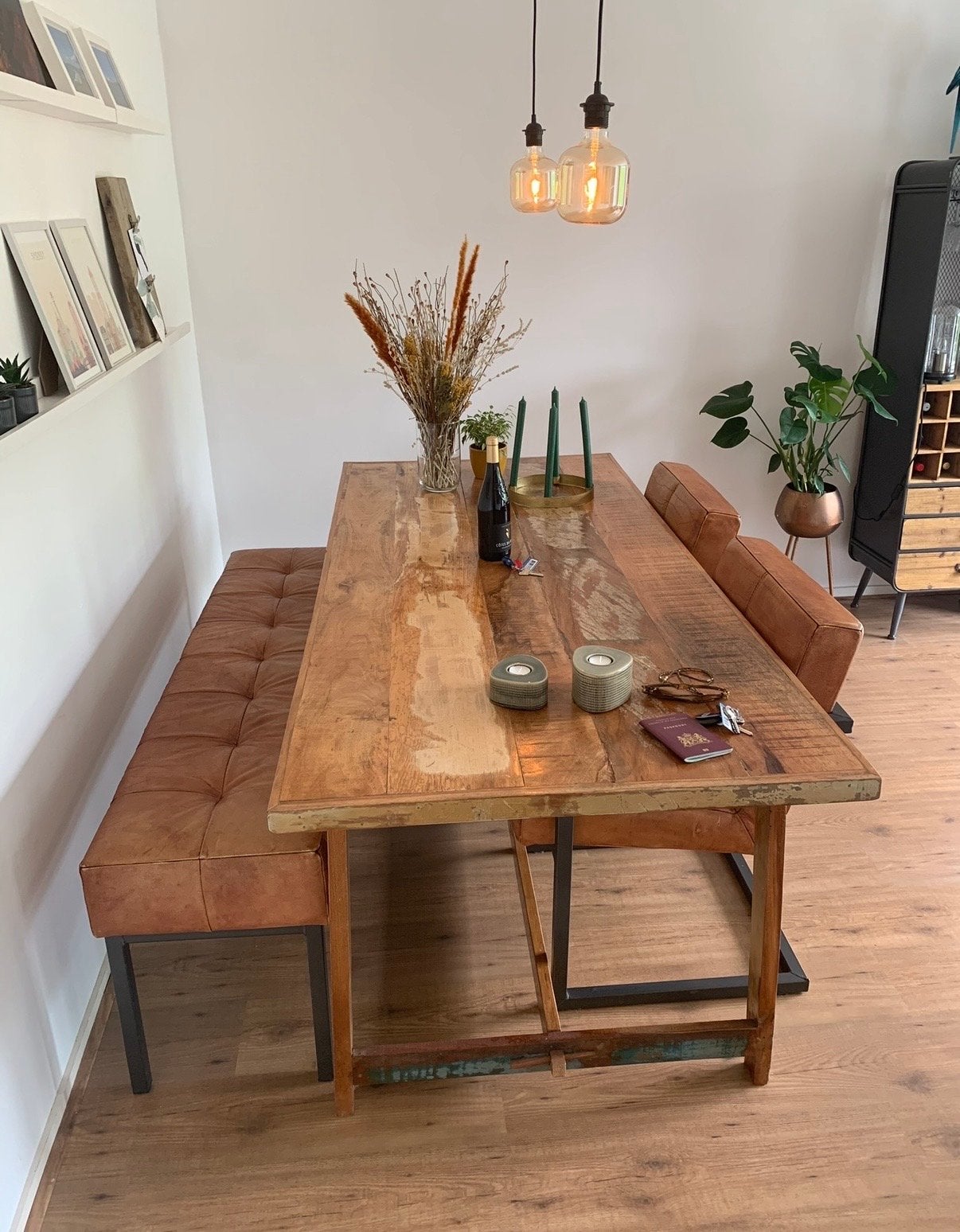 Leren eetkamerstoelen en bankje Loods 5, Ophalen, Gebruikt, Twee, Bruin