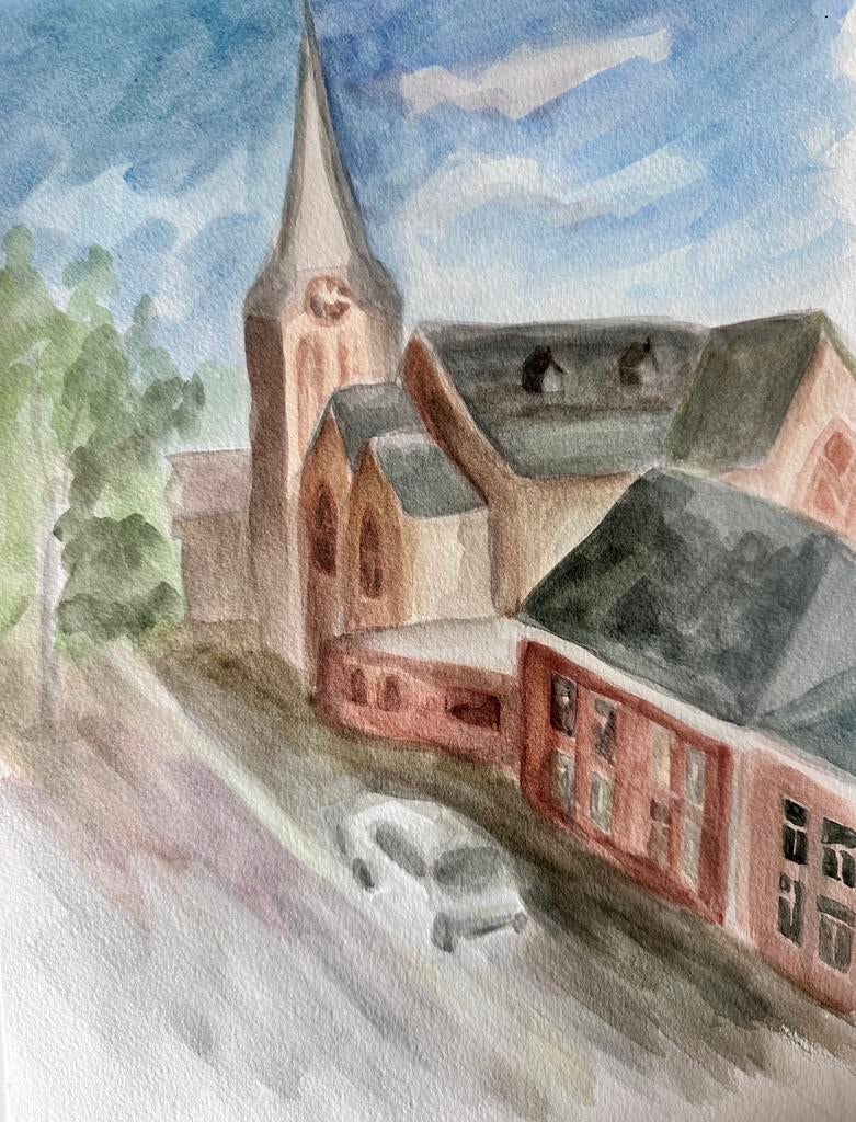 Originele aquarel Terborg – Hoofdstraat met kerk, Ophalen of Verzenden