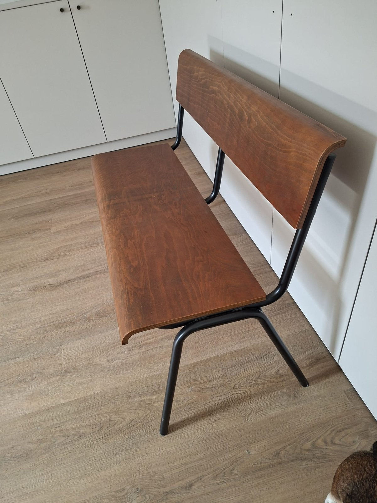 Houten eetkamerbank met zwart metalen frame, Ophalen, Gebruikt, Tweepersoons, Rechte bank