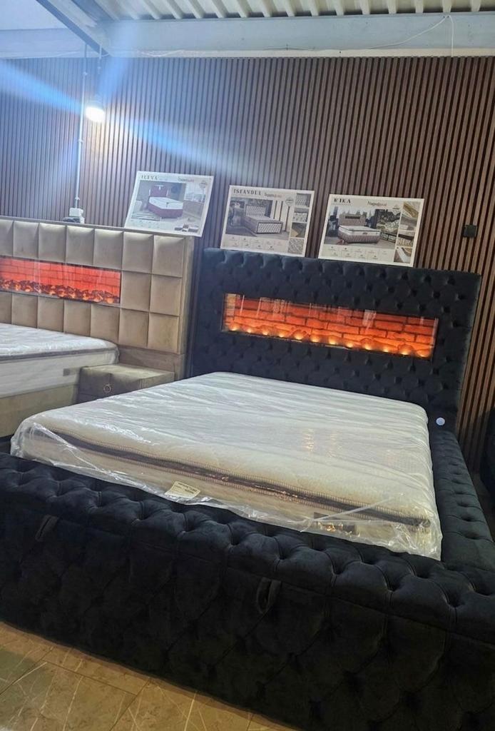 Luxe bed met opbergruimte en sfeerhaard, incl. matras, Huis en Inrichting, Slaapkamer | Bedden, Zo goed als nieuw, Tweepersoons