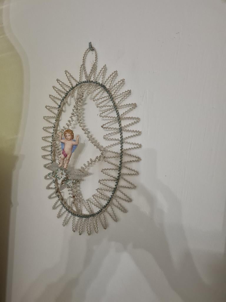 Antiek Frans kralen ornament met engeltje nummer 2, Antiek en Kunst, Ophalen of Verzenden