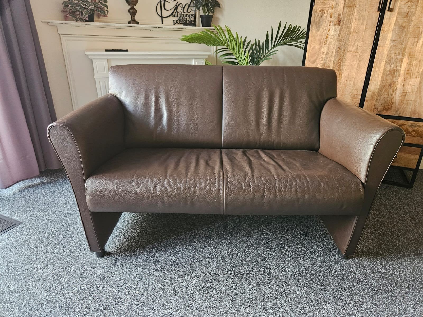 Comfortabele bruine leren tweezitsbank, Ophalen, Gebruikt, 150 tot 200 cm, Tweepersoons