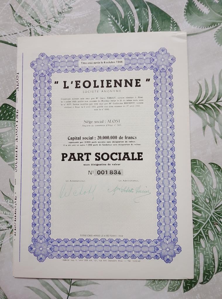 Oud aandeel "L'EOLIENNE" - Société Anonyme, Ophalen
