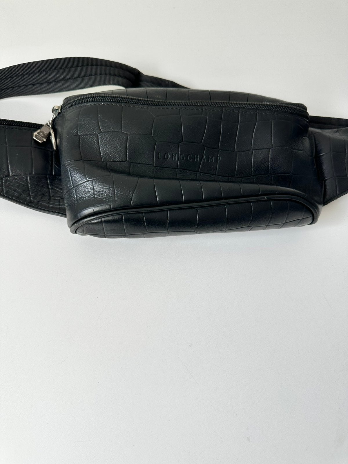 Longchamp croco buiktasje zwart leer ( let op drukker defect, Ophalen of Verzenden, Zo goed als nieuw, Zwart, Leer