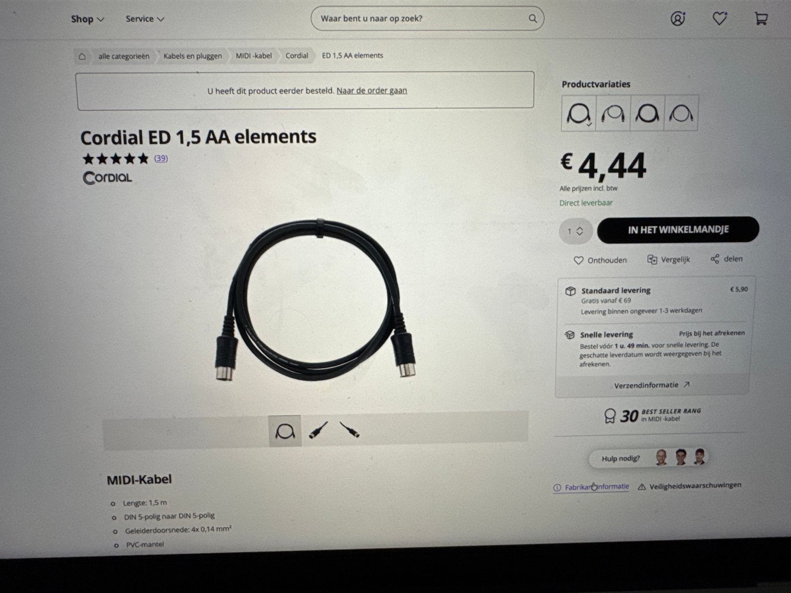 3 stuks Cordial ED 1,5 AA MIDI kabel - 1,5 meter, Ophalen of Verzenden, Nieuw