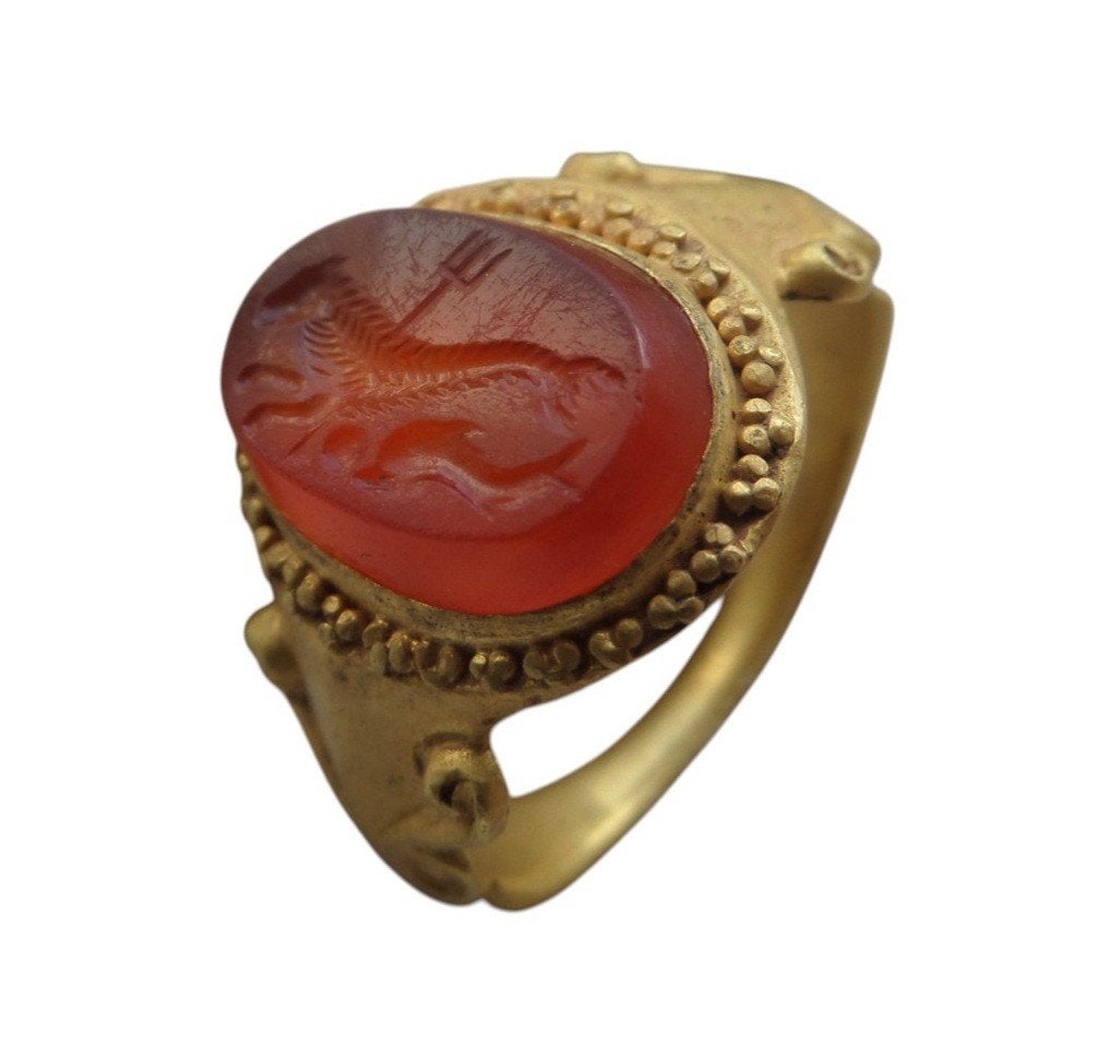 Bodemvondst goud Romeinse ring carneool Capricorn dolfijn, Verzenden, Goud, Ring