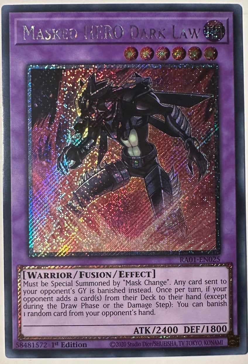 Yu-Gi-Oh! Masked HERO Dark Law RA01 1st Edition !, Ophalen of Verzenden, Zo goed als nieuw, Losse kaart, Foil