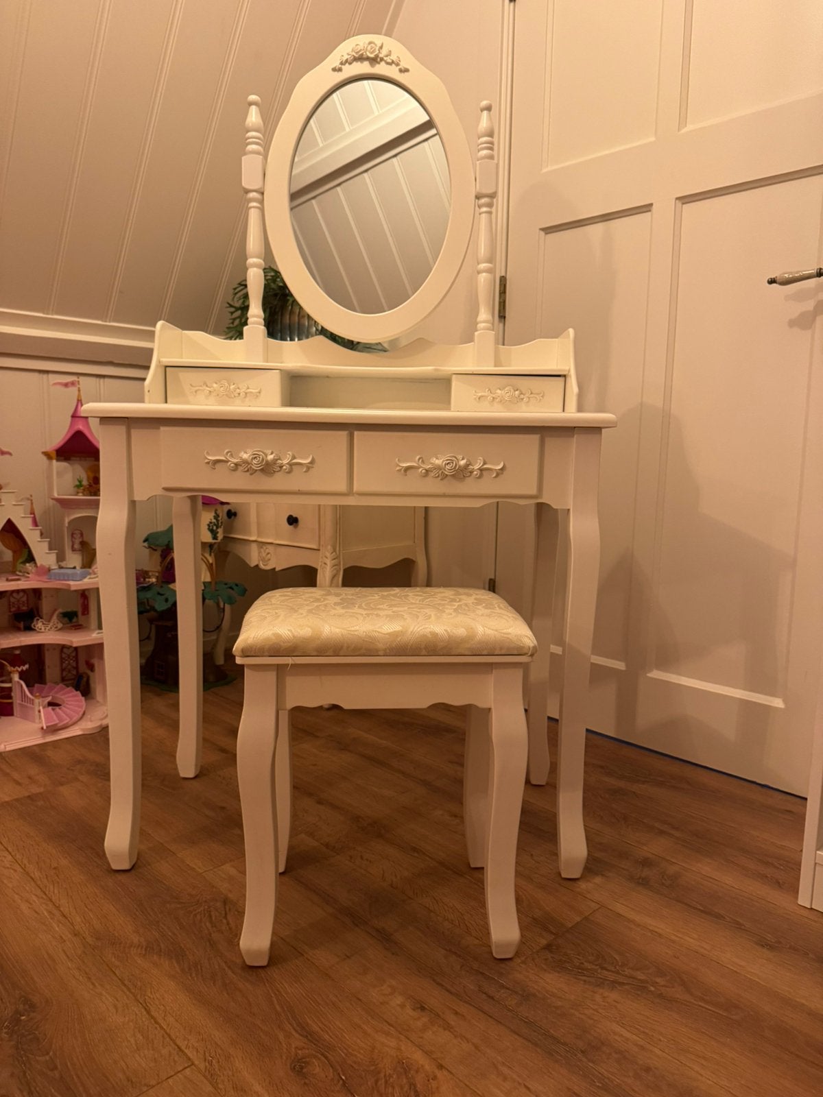 Brocante kinder kaptafel met spiegel en krukje, Ophalen, Zo goed als nieuw, 50 tot 100 cm, Minder dan 100 cm