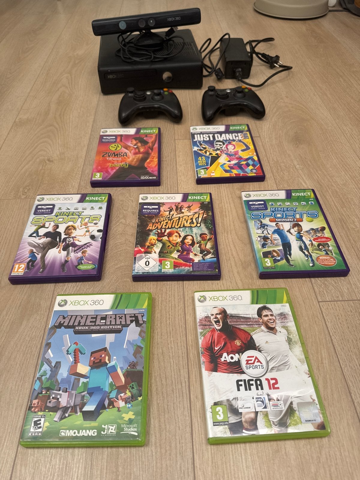 Xbox 360 met Kinect, 2 controllers en 7 games, Gebruikt, Overige genres, 2 spelers, Eén computer