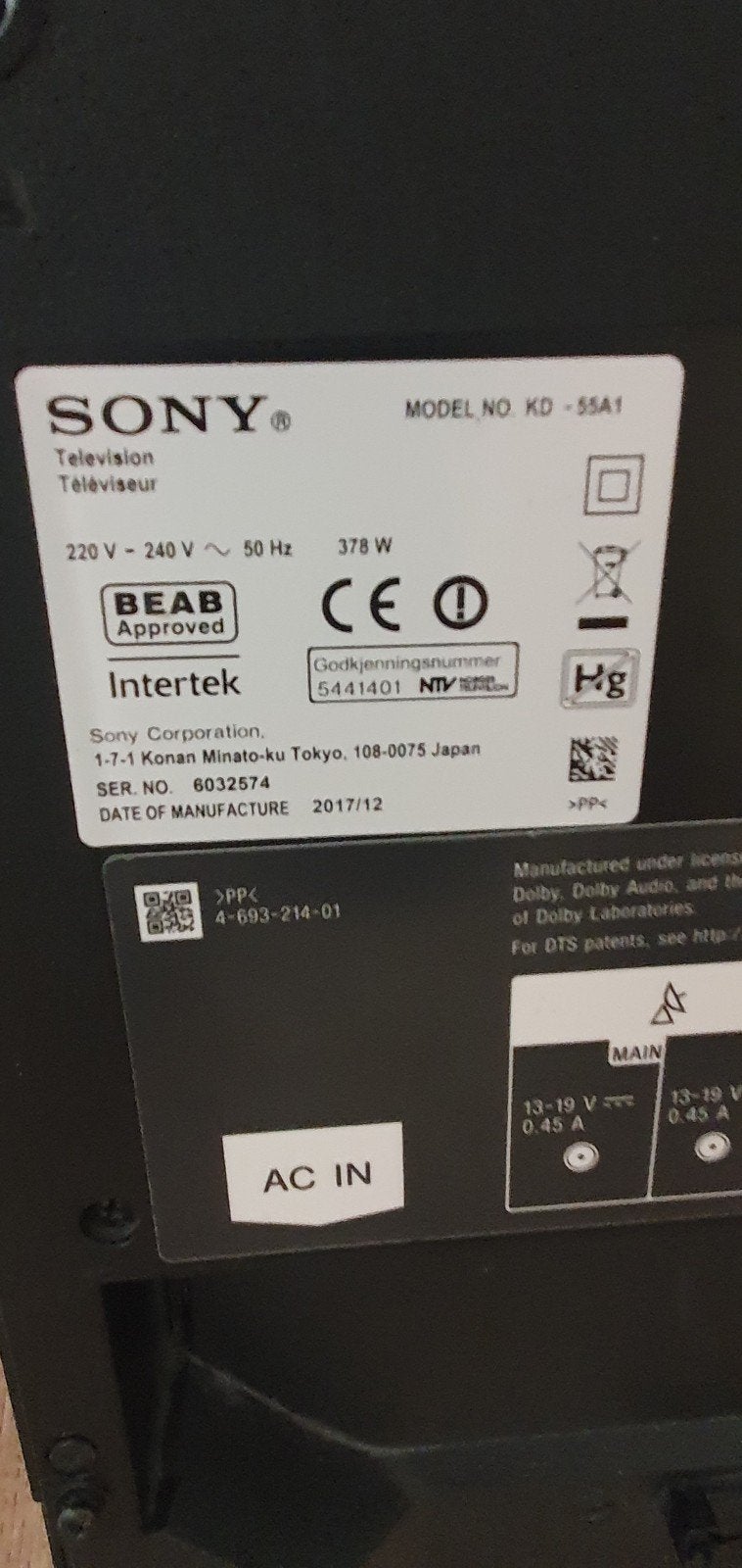 Sony KD-55A1 OLED TV (2017 model) - Defect, Ophalen of Verzenden