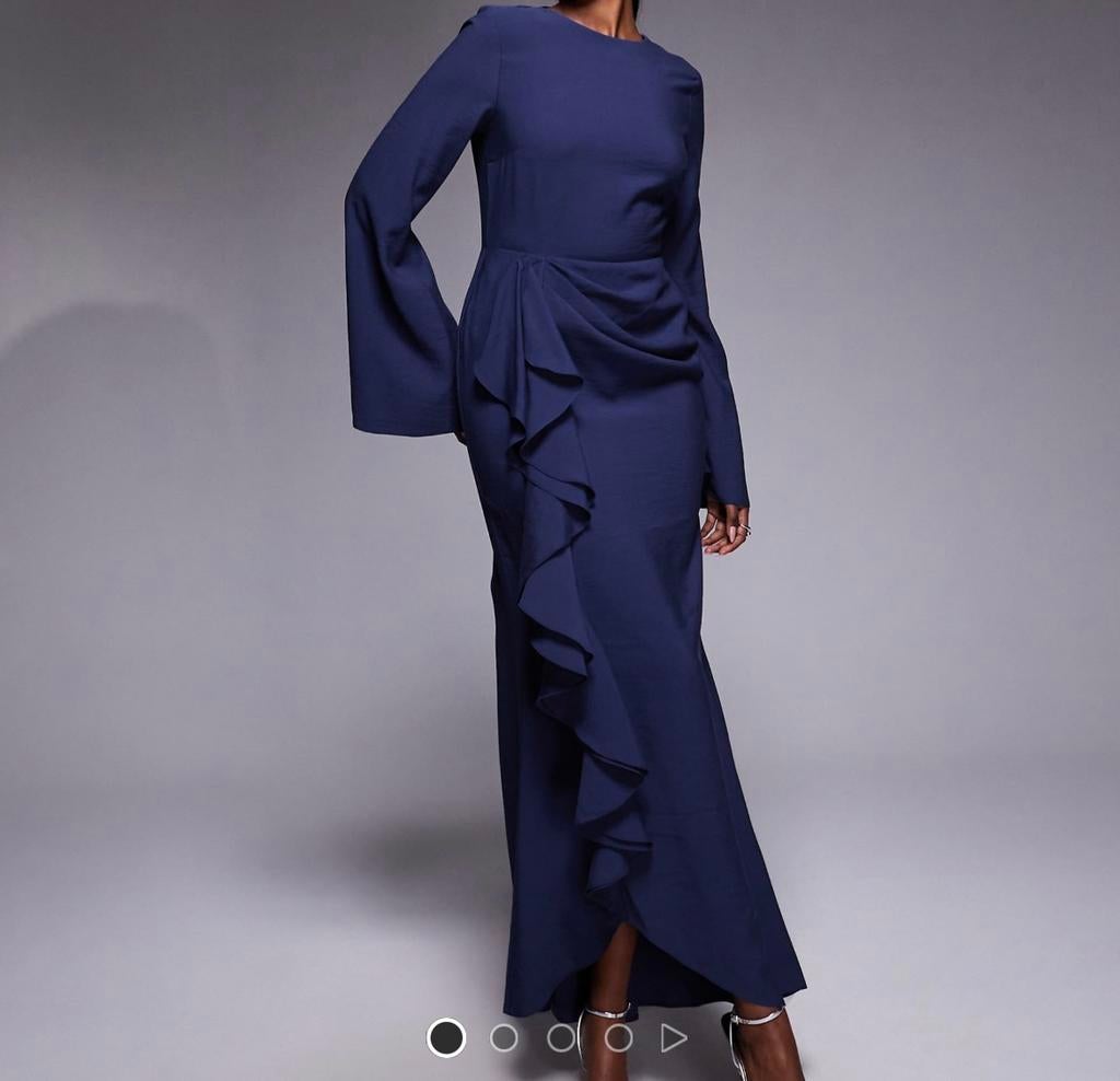 ASOS maxi jurk met lange mouwen met ruches in marineblauw, Kleding | Dames, Galajurk, Blauw, Maat 46/48 (XL) of groter, Nieuw