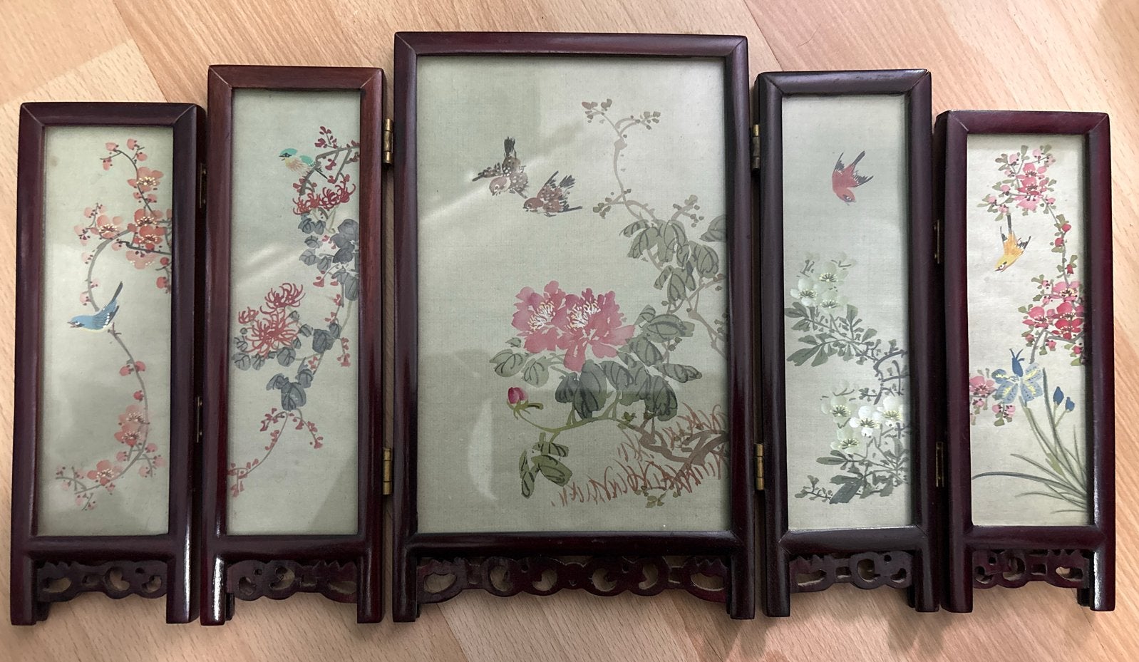 Inklapbaar Chinees kamerscherm met vogel- en bloemmotieven, Ophalen of Verzenden