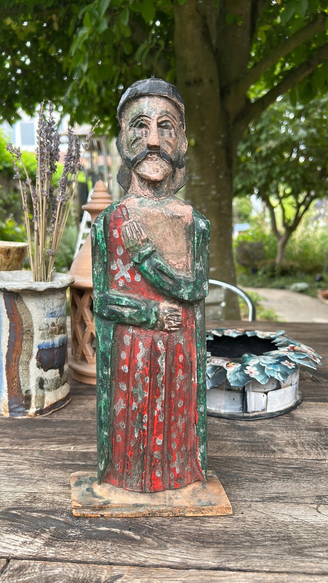 Oud houten polychroom Santos beeld in naïeve stijl, Antiek en Kunst, Ophalen of Verzenden