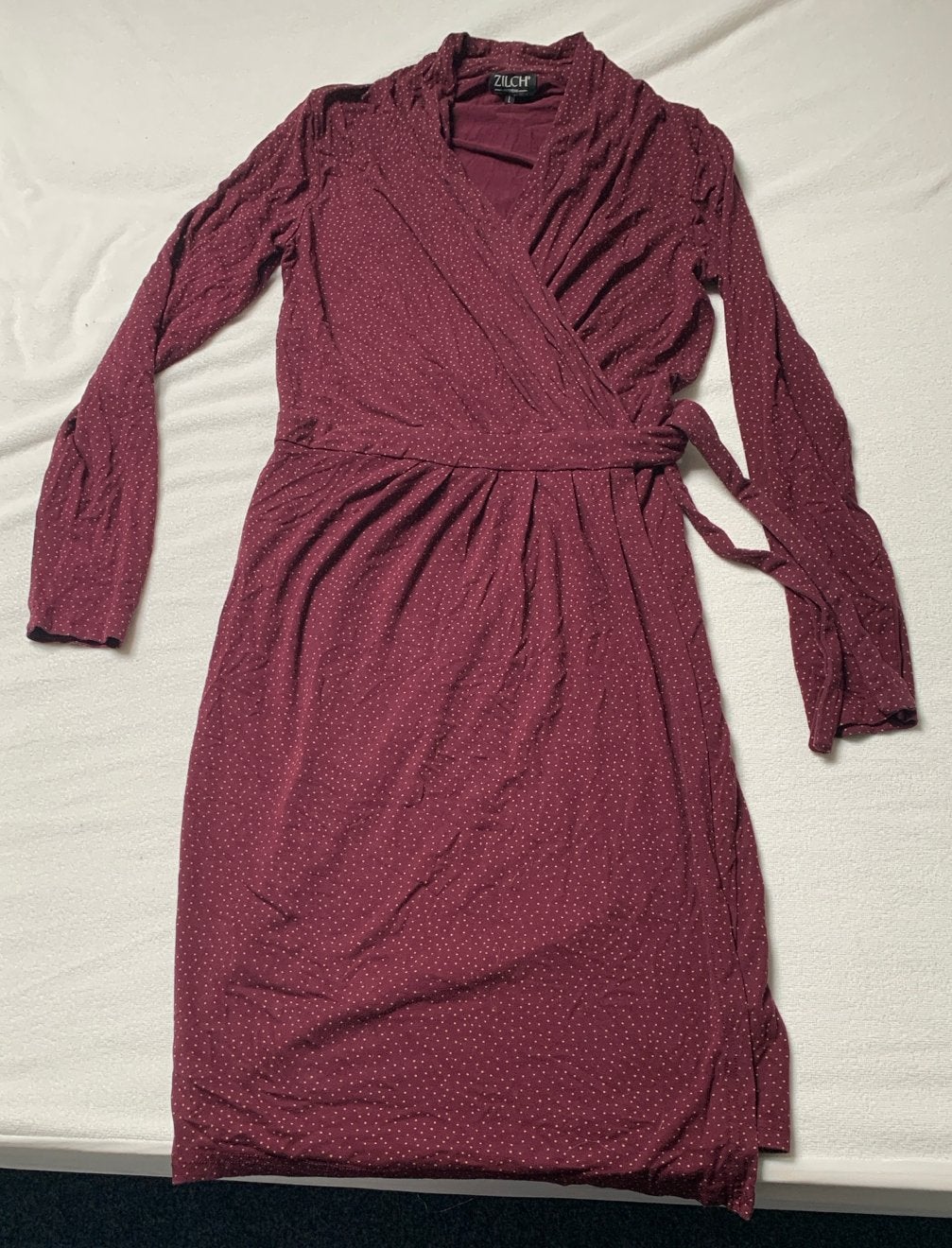ZILCH overslagjurk bordeauxrood met stippen, zgan - Maat L, Kleding | Dames, Maat 42/44 (L), Ophalen of Verzenden, Zo goed als nieuw