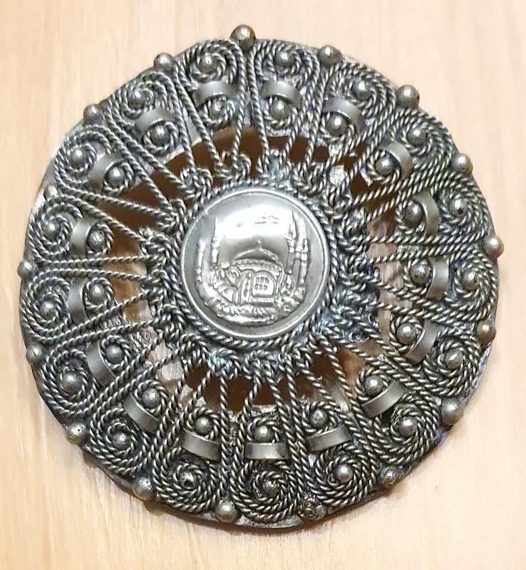 Vintage Turkse Zilverkleurige Blauwe Moskee Medaillon, Sieraden, Tassen en Uiterlijk, Overige materialen, 4 tot 7 cm, Gebruikt