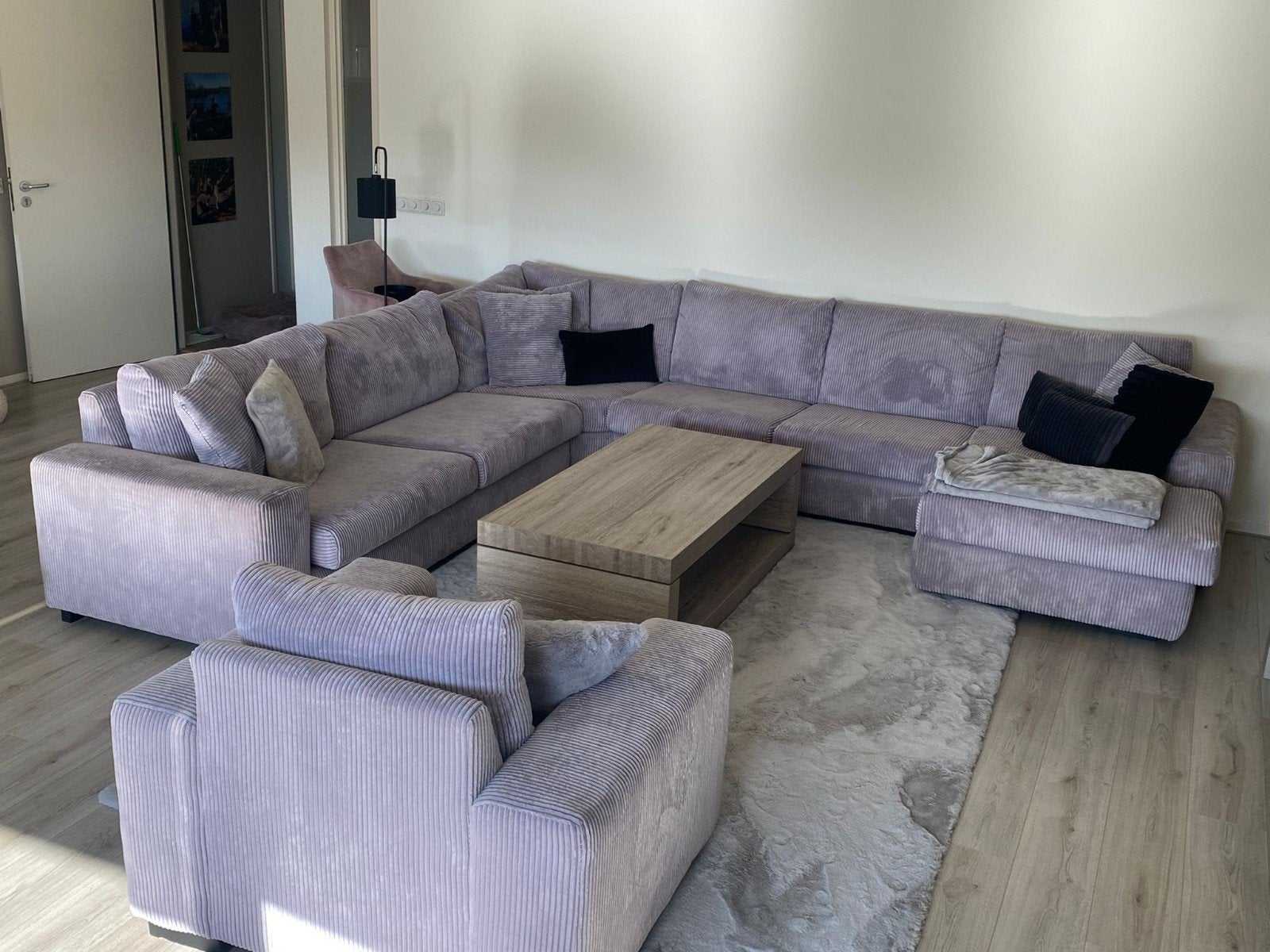 Grote ribstof lounge U-bank met uitwasbare kussens, Ophalen, Gebruikt, 100 tot 125 cm, Hoekbank