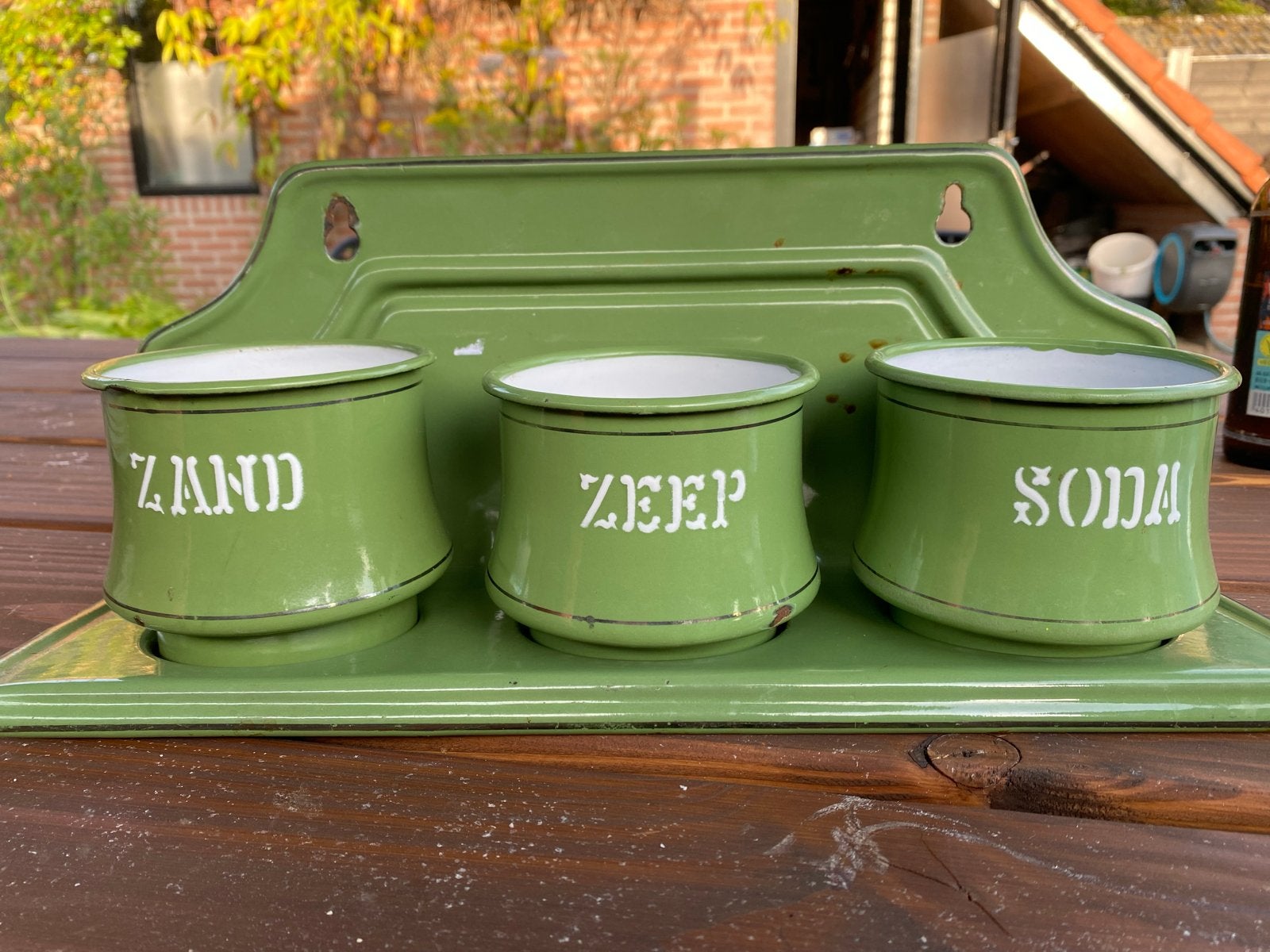 Vintage emaille rekje met potjes Zand Zeep Soda, Antiek en Kunst, Antiek | Emaille, Ophalen of Verzenden