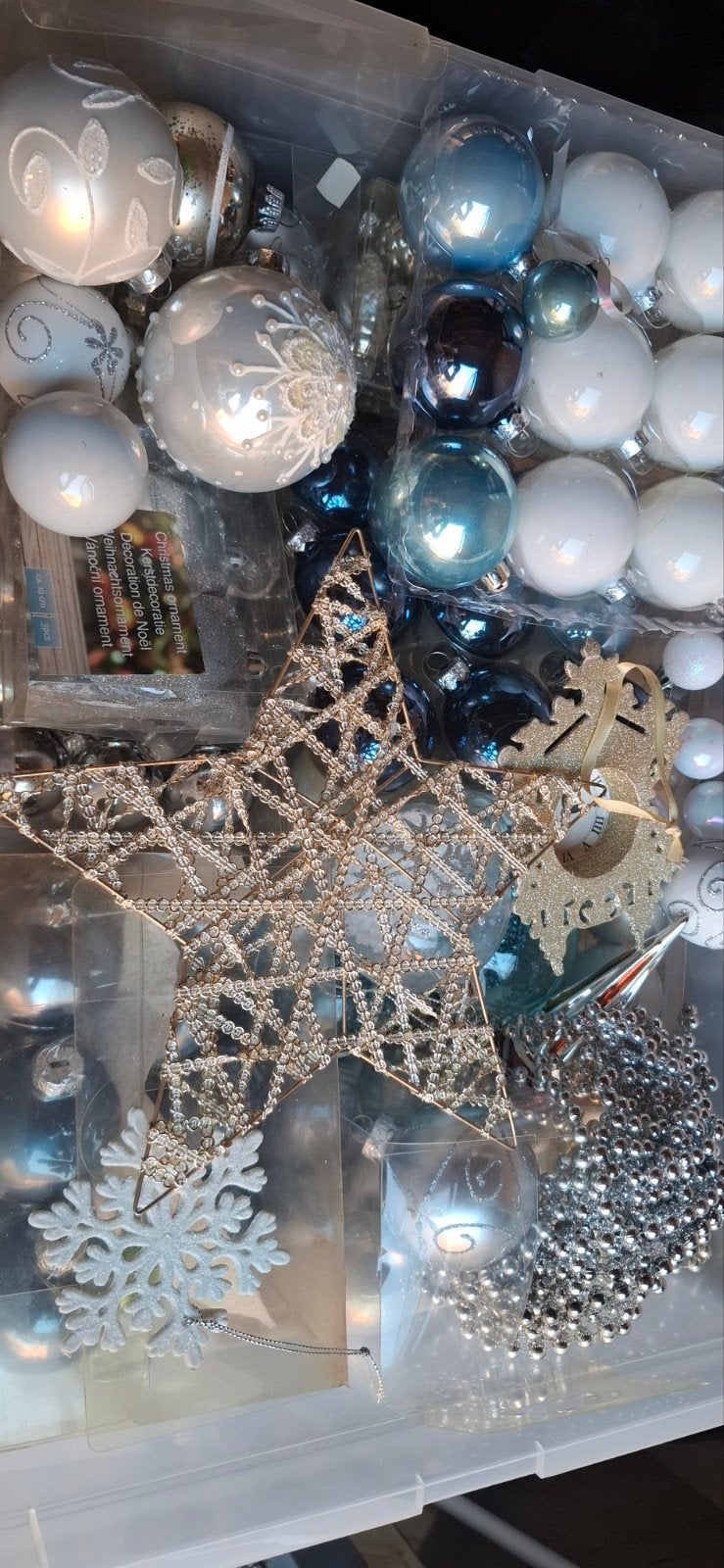 box met kerstballen, blauw en zilverkleurig, Diversen, Ophalen of Verzenden, Zo goed als nieuw