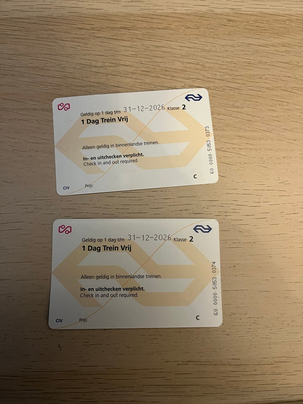 2 Dagkaarten voor de trein, Twee personen, Trein, Nederland, Algemeen kaartje
